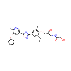 CCc1cc(-c2noc(-c3cnc(C)c(OC4CCCC4)c3)n2)cc(C)c1OC[C@@H](O)CNC(=O)CO ZINC000653846583