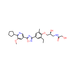 CCc1cc(-c2noc(-c3cnc(C4CCCC4)c(OC)c3)n2)cc(C)c1OC[C@@H](O)CNC(=O)CO ZINC000653846519