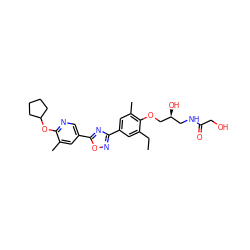 CCc1cc(-c2noc(-c3cnc(OC4CCCC4)c(C)c3)n2)cc(C)c1OC[C@@H](O)CNC(=O)CO ZINC000653846518