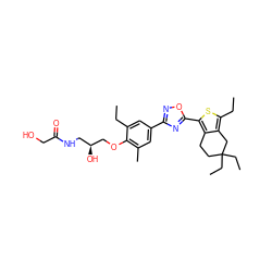 CCc1cc(-c2noc(-c3sc(CC)c4c3CCC(CC)(CC)C4)n2)cc(C)c1OC[C@@H](O)CNC(=O)CO ZINC000103258587