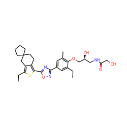 CCc1cc(-c2noc(-c3sc(CC)c4c3CCC3(CCCC3)C4)n2)cc(C)c1OC[C@@H](O)CNC(=O)CO ZINC000103258593