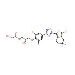 CCc1cc(-c2noc(-c3sc(OC)c4c3CCC(C)(C)C4)n2)cc(C)c1OC[C@@H](O)CNC(=O)CO ZINC000103258548