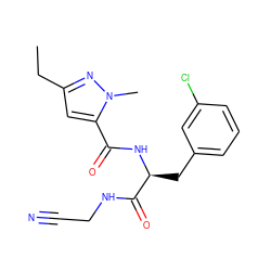 CCc1cc(C(=O)N[C@@H](Cc2cccc(Cl)c2)C(=O)NCC#N)n(C)n1 ZINC000043123131