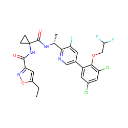 CCc1cc(C(=O)NC2(C(=O)N[C@H](C)c3ncc(-c4cc(Cl)cc(Cl)c4OCC(F)F)cc3F)CC2)no1 ZINC000029128921