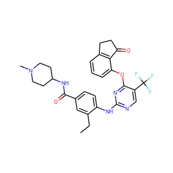 CCc1cc(C(=O)NC2CCN(C)CC2)ccc1Nc1ncc(C(F)(F)F)c(Oc2cccc3c2C(=O)CC3)n1 ZINC000145975293