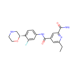 CCc1cc(C(=O)Nc2ccc([C@H]3CNCCO3)c(F)c2)cc(C(N)=O)n1 ZINC000149952779