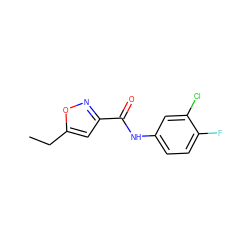 CCc1cc(C(=O)Nc2ccc(F)c(Cl)c2)no1 ZINC000020191969