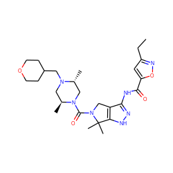 CCc1cc(C(=O)Nc2n[nH]c3c2CN(C(=O)N2C[C@@H](C)N(CC4CCOCC4)C[C@@H]2C)C3(C)C)on1 ZINC000114182433