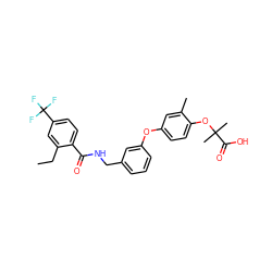 CCc1cc(C(F)(F)F)ccc1C(=O)NCc1cccc(Oc2ccc(OC(C)(C)C(=O)O)c(C)c2)c1 ZINC000028825461