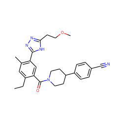 CCc1cc(C)c(-c2nnc(CCOC)[nH]2)cc1C(=O)N1CCC(c2ccc(C#N)cc2)CC1 ZINC000150248188