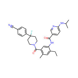 CCc1cc(C)c(C(=O)N2CCC(F)(c3ccc(C#N)cc3)CC2)cc1NC(=O)c1ccc(NC(C)C)nc1 ZINC000098186106