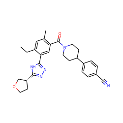 CCc1cc(C)c(C(=O)N2CCC(c3ccc(C#N)cc3)CC2)cc1-c1nnc([C@@H]2CCOC2)[nH]1 ZINC000150324551