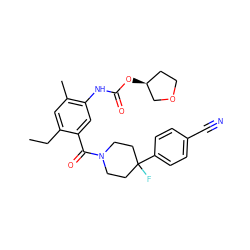 CCc1cc(C)c(NC(=O)O[C@H]2CCOC2)cc1C(=O)N1CCC(F)(c2ccc(C#N)cc2)CC1 ZINC000149338618