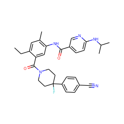 CCc1cc(C)c(NC(=O)c2ccc(NC(C)C)nc2)cc1C(=O)N1CCC(F)(c2ccc(C#N)cc2)CC1 ZINC000150260307