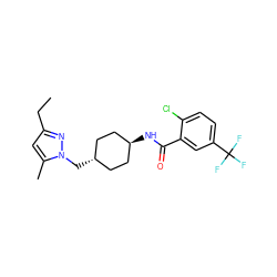 CCc1cc(C)n(C[C@H]2CC[C@H](NC(=O)c3cc(C(F)(F)F)ccc3Cl)CC2)n1 ZINC000261129309