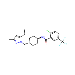 CCc1cc(C)nn1C[C@H]1CC[C@H](NC(=O)c2cc(C(F)(F)F)ccc2Cl)CC1 ZINC000261086445