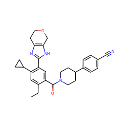 CCc1cc(C2CC2)c(-c2nc3c([nH]2)COCC3)cc1C(=O)N1CCC(c2ccc(C#N)cc2)CC1 ZINC000150048328