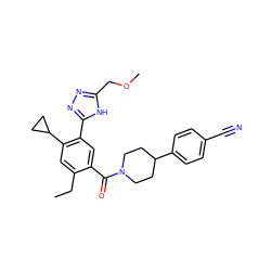 CCc1cc(C2CC2)c(-c2nnc(COC)[nH]2)cc1C(=O)N1CCC(c2ccc(C#N)cc2)CC1 ZINC000150047904