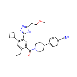 CCc1cc(C2CCC2)c(-c2nnc(CCOC)[nH]2)cc1C(=O)N1CCC(c2ccc(C#N)cc2)CC1 ZINC000149993069