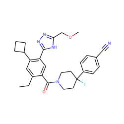 CCc1cc(C2CCC2)c(-c2nnc(COC)[nH]2)cc1C(=O)N1CCC(F)(c2ccc(C#N)cc2)CC1 ZINC000150241326