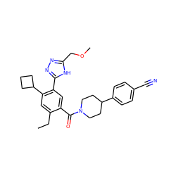 CCc1cc(C2CCC2)c(-c2nnc(COC)[nH]2)cc1C(=O)N1CCC(c2ccc(C#N)cc2)CC1 ZINC000150322964