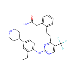 CCc1cc(C2CCNCC2)ccc1Nc1ncc(C(F)(F)F)c(CCc2ccccc2CC(N)=O)n1 ZINC000147949957