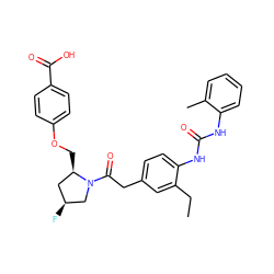 CCc1cc(CC(=O)N2C[C@@H](F)C[C@H]2COc2ccc(C(=O)O)cc2)ccc1NC(=O)Nc1ccccc1C ZINC000014966034