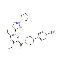 CCc1cc(CC)c(-c2nnc([C@@H]3CCOC3)[nH]2)cc1C(=O)N1CCC(c2ccc(C#N)cc2)CC1 ZINC000150235367