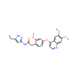 CCc1cc(NC(=O)Cc2ccc(Oc3ccnc4cc(OC)c(OC)cc34)cc2OC)n[nH]1 ZINC000084617781