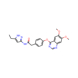 CCc1cc(NC(=O)Cc2ccc(Oc3ncnc4cc(OC)c(OC)cc34)cc2)n[nH]1 ZINC000073221132