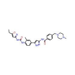 CCc1cc(NC(=O)Nc2ccc(-c3cc(NC(=O)c4ccc(CN5CCN(C)CC5)cc4)n[nH]3)cc2C)no1 ZINC000205328225