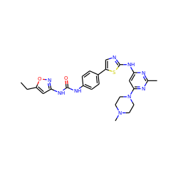 CCc1cc(NC(=O)Nc2ccc(-c3cnc(Nc4cc(N5CCN(C)CC5)nc(C)n4)s3)cc2)no1 ZINC000473111423