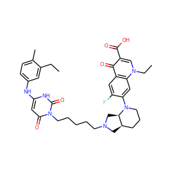 CCc1cc(Nc2cc(=O)n(CCCCCN3C[C@@H]4CCCN(c5cc6c(cc5F)c(=O)c(C(=O)O)cn6CC)[C@@H]4C3)c(=O)[nH]2)ccc1C ZINC000028569508