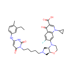 CCc1cc(Nc2cc(=O)n(CCCCCN3C[C@@H]4OCCN(c5cc6c(cc5F)c(=O)c(C(=O)O)cn6C5CC5)[C@@H]4C3)c(=O)[nH]2)ccc1C ZINC000028569523