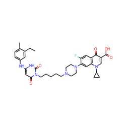 CCc1cc(Nc2cc(=O)n(CCCCCN3CCN(c4cc5c(cc4F)c(=O)c(C(=O)O)cn5C4CC4)CC3)c(=O)[nH]2)ccc1C ZINC000028570878