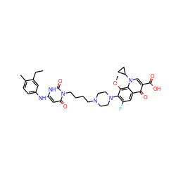 CCc1cc(Nc2cc(=O)n(CCCCN3CCN(c4c(F)cc5c(=O)c(C(=O)O)cn(C6CC6)c5c4OC)CC3)c(=O)[nH]2)ccc1C ZINC000028568932