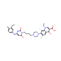 CCc1cc(Nc2cc(=O)n(CCCCN3CCN(c4c(F)cc5c(=O)c(C(=O)O)cn(CC)c5c4F)CC3)c(=O)[nH]2)ccc1C ZINC000028569679