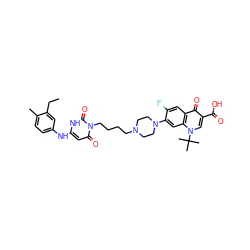 CCc1cc(Nc2cc(=O)n(CCCCN3CCN(c4cc5c(cc4F)c(=O)c(C(=O)O)cn5C(C)(C)C)CC3)c(=O)[nH]2)ccc1C ZINC000028568933