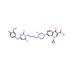 CCc1cc(Nc2cc(=O)n(CCCCN3CCN(c4cc5c(cc4F)c(=O)c(C(=O)O)cn5C4CC4)C[C@H]3C)c(=O)[nH]2)ccc1C ZINC000028569520