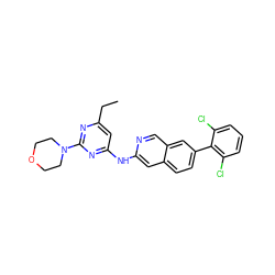 CCc1cc(Nc2cc3ccc(-c4c(Cl)cccc4Cl)cc3cn2)nc(N2CCOCC2)n1 ZINC000169700115