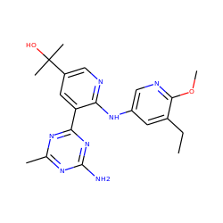 CCc1cc(Nc2ncc(C(C)(C)O)cc2-c2nc(C)nc(N)n2)cnc1OC ZINC000299820525