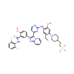 CCc1cc(Nc2nccc(-c3c(-c4ccc(OC)c(C(=O)Nc5c(F)cccc5F)c4)nc4ccccn34)n2)c(OC)cc1N1CCC(CCS(C)(=O)=O)CC1 ZINC000165077176