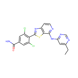 CCc1cc(Nc2nccc3nc(-c4c(Cl)cc(C(N)=O)cc4Cl)sc23)ncn1 ZINC000114602231