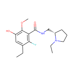 CCc1cc(O)c(OC)c(C(=O)NC[C@@H]2CCCN2CC)c1F ZINC000064426674