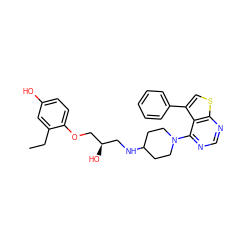 CCc1cc(O)ccc1OC[C@H](O)CNC1CCN(c2ncnc3scc(-c4ccccc4)c23)CC1 ZINC000064548942