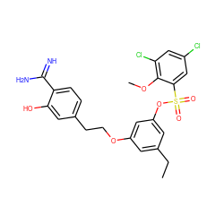 CCc1cc(OCCc2ccc(C(=N)N)c(O)c2)cc(OS(=O)(=O)c2cc(Cl)cc(Cl)c2OC)c1 ZINC000027089809