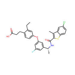 CCc1cc(Oc2cc(F)cc([C@@H](C)NC(=O)c3sc4ccc(Cl)cc4c3C)c2)ccc1CCC(=O)O ZINC000028825493