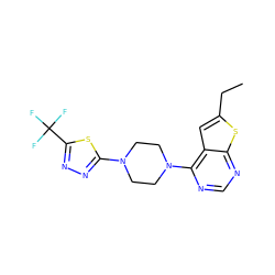 CCc1cc2c(N3CCN(c4nnc(C(F)(F)F)s4)CC3)ncnc2s1 ZINC000198338226