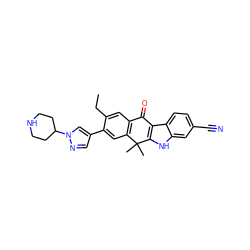 CCc1cc2c(cc1-c1cnn(C3CCNCC3)c1)C(C)(C)c1[nH]c3cc(C#N)ccc3c1C2=O ZINC000653771302