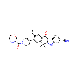 CCc1cc2c(cc1C1=CCN(C(=O)[C@H]3COCCN3)CC1)C(C)(C)c1[nH]c3cc(C#N)ccc3c1C2=O ZINC000653762816